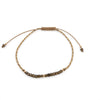 OLIVE bracelet with olive-bronze semi-precious beads, 9k gold beads and gold-threaded taupe cord, showing the sliding closure.