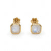 Pair of moonstone stud earrings in 9k gold with softly squared settings and pale blue-white reflections.