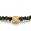 Close-up of the 9k gold pyramid with triangular pavé inset between faceted green tourmaline beads.