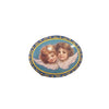 Vintage oval trinket box featuring Raphael’s cherubs on a sky-blue background, with a deep-blue and gold-tone scrollwork border.