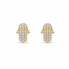 Gold hamsa earrings on pure white background