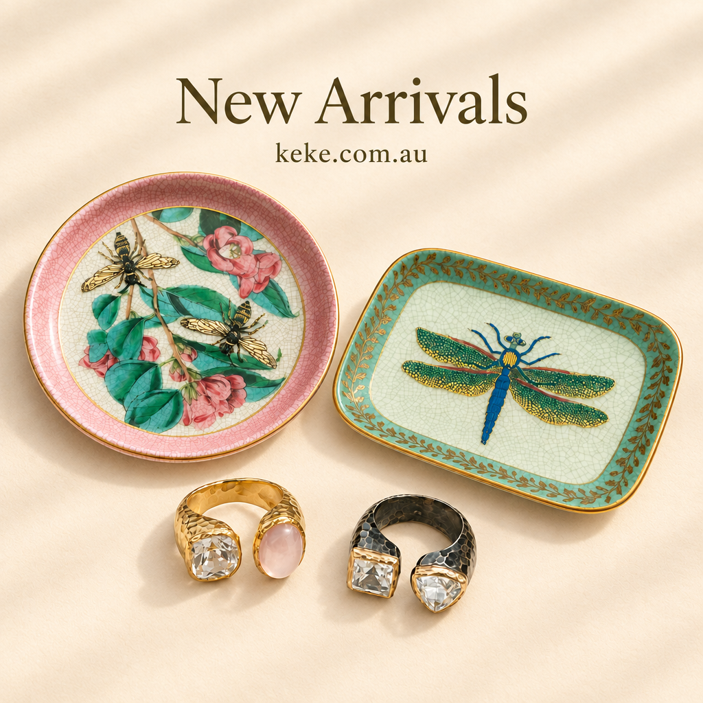 Mobile square banner with the same dishes, rings, and New Arrivals text, no flowers